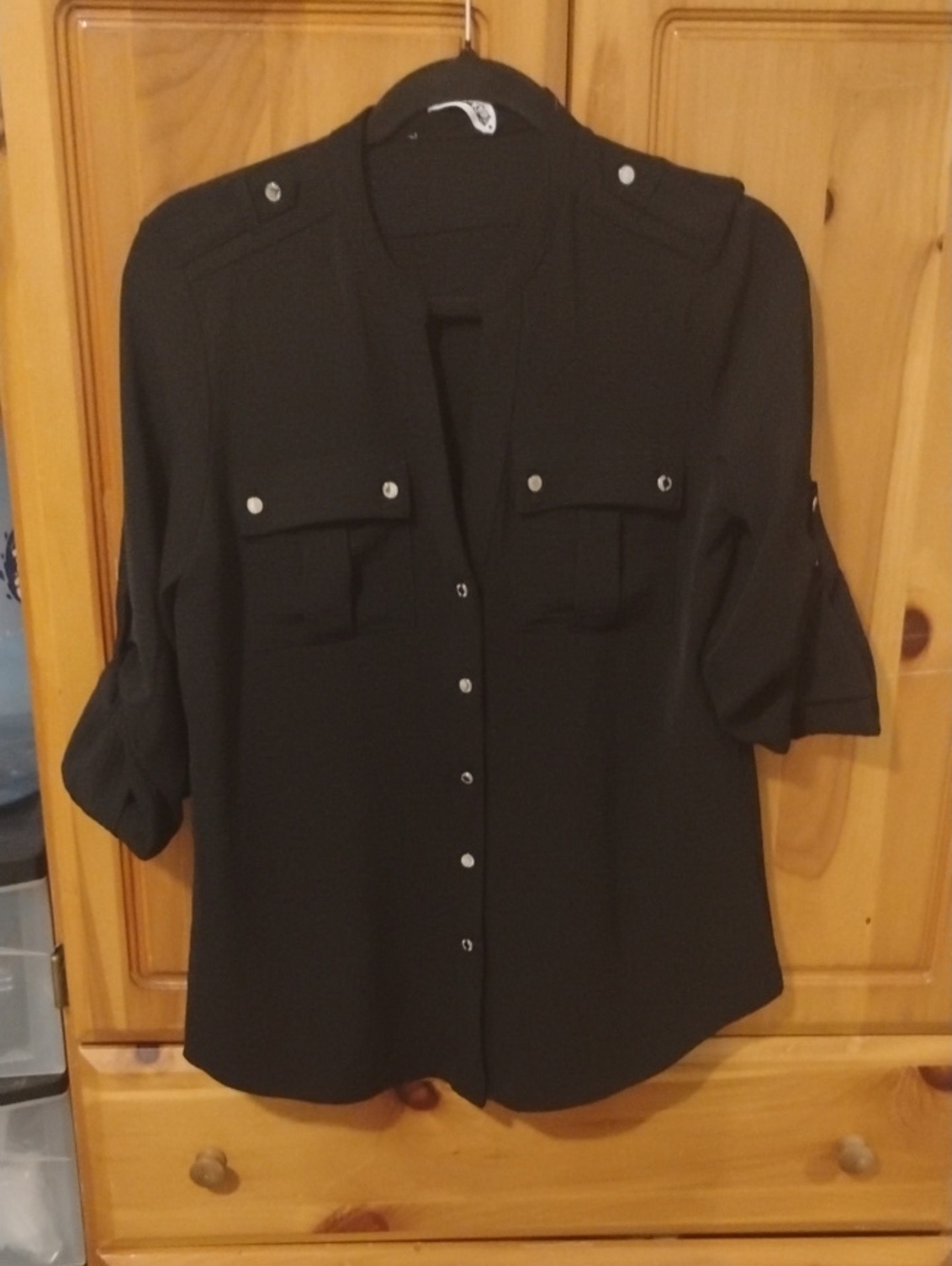 Calvin Klein Black Button-Front Utility Blouse